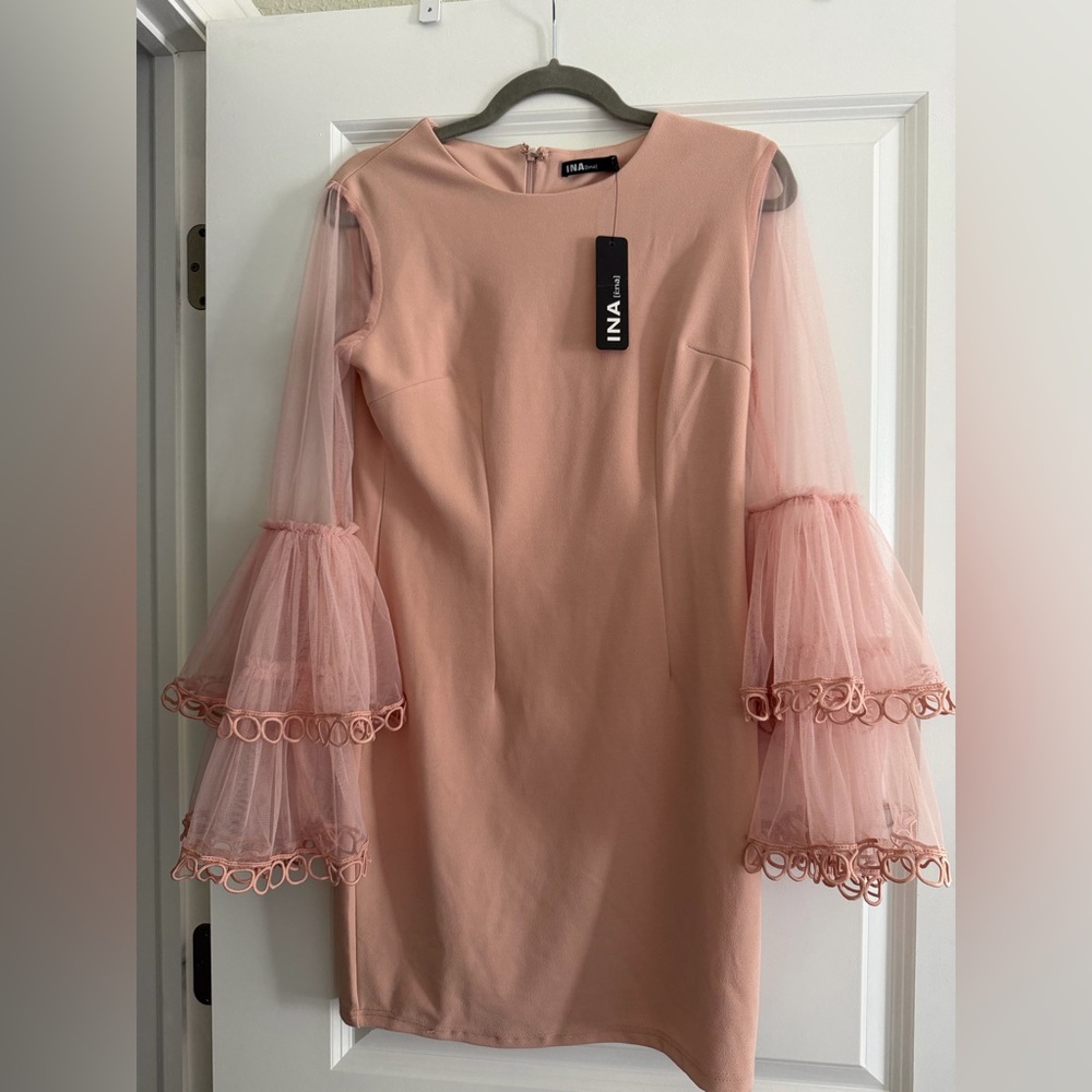 Ina Blush Long Sleeve Dress with Sheer Bell Sleeves, size M